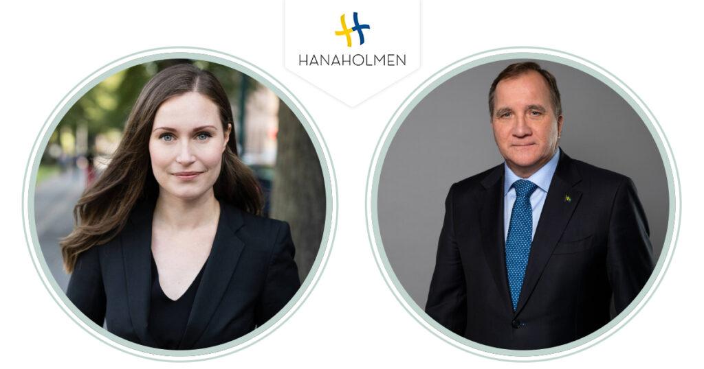 Joined photos of Finnish Prime Minister Sanna Marin and Swedish Prime Minister Stefan Löfven, both looking at the viewer. At the top is a logo for the Hanaholmen cultural center.